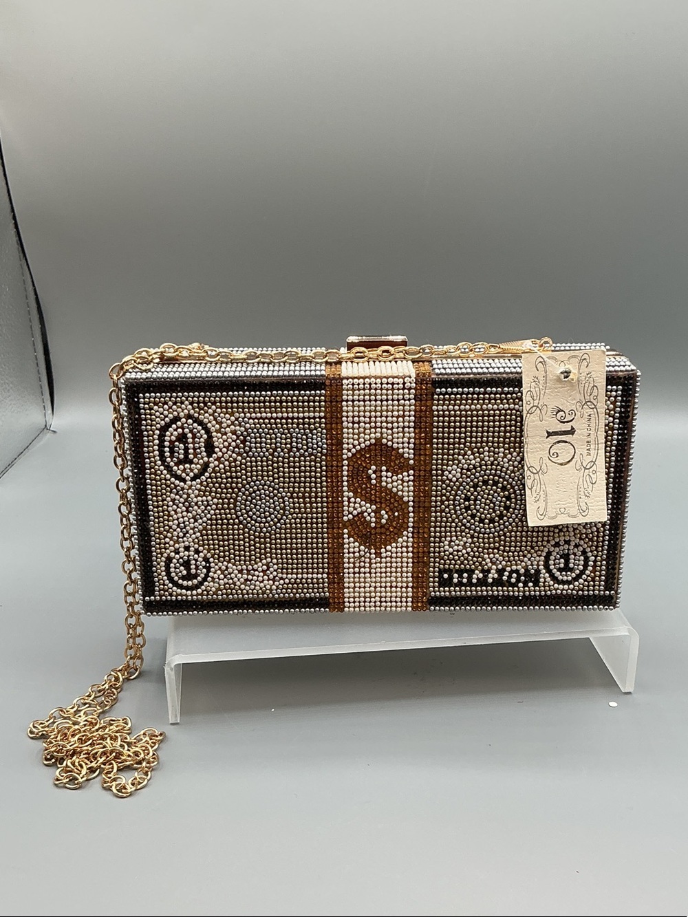 Rhinestone Dollar Bill Clutch Evening Bag Gold Chain Crossbody Bling Purse NWT